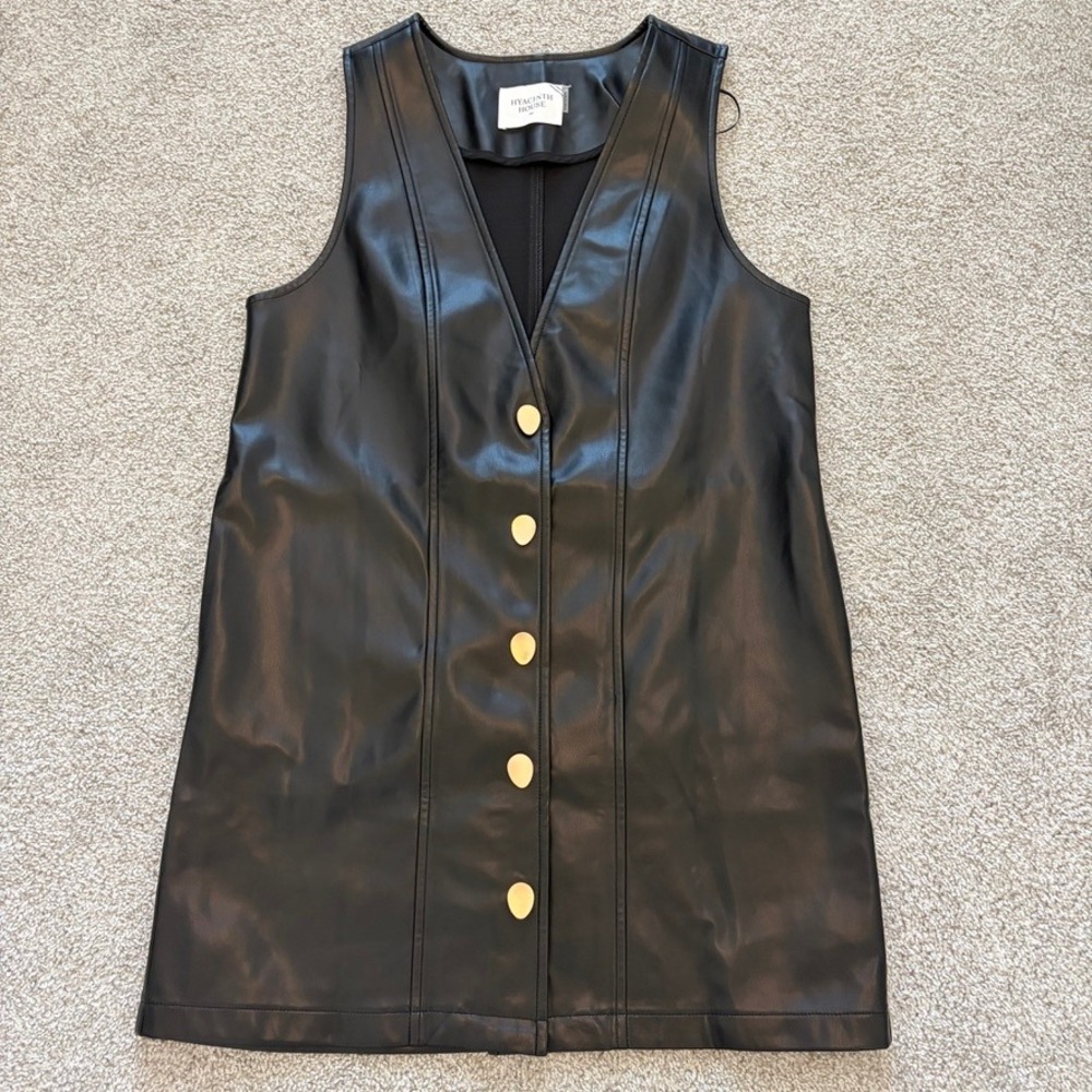 Hyacinth House Tuckernuck Pinafore Faux Leather Dress Womens XS Black V Neck